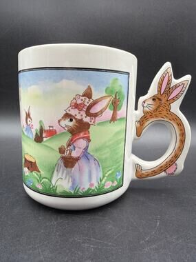 Vintage Art Mark Easter Bunny Rabbit Handle Ceramic Mug Kite Garden Scene 8 Oz